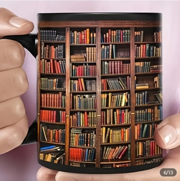 Library Books Pattern Ceramic Mug - Multicolor Bookcase Design - Picture 4 of 4